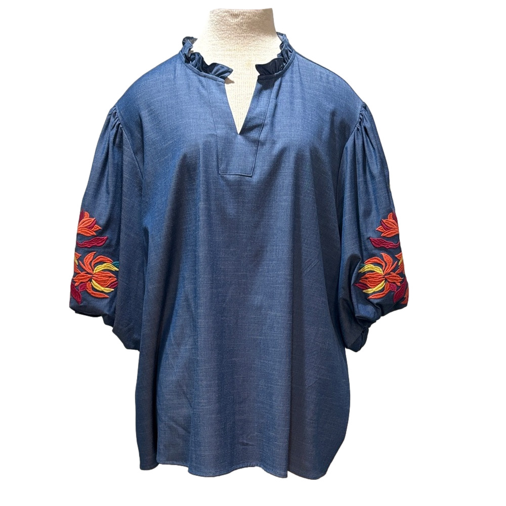 Calessa sz 3X indigo short puff sleeve with floral embroidery NWT